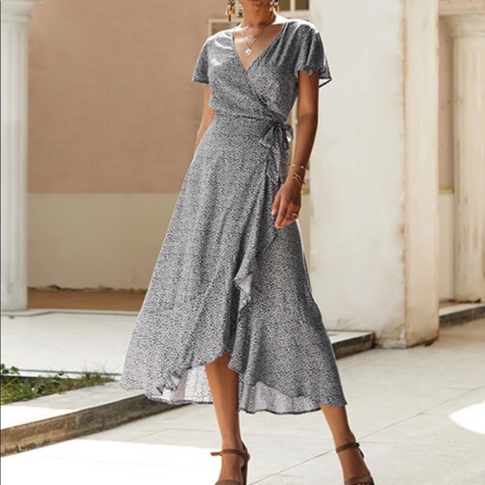 SOLD Floral Print Ruffle Hem Wrap Dress